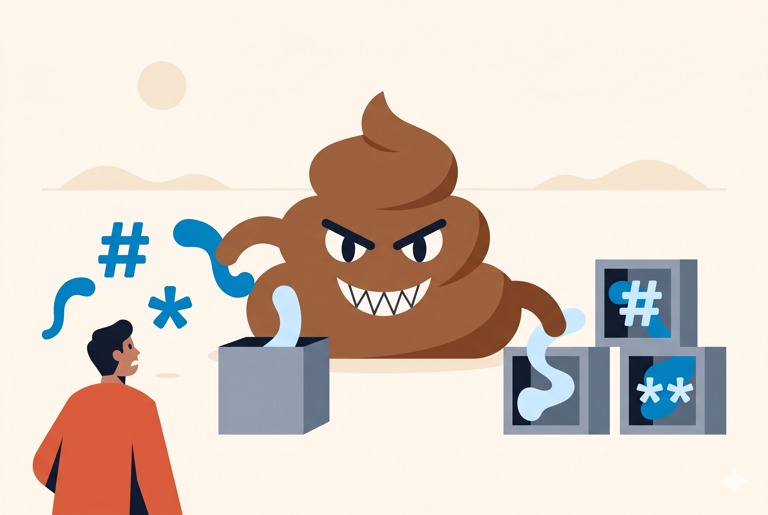 Illustration: an evil poo emoji forcing free markdown symbols into rigid grey boxes