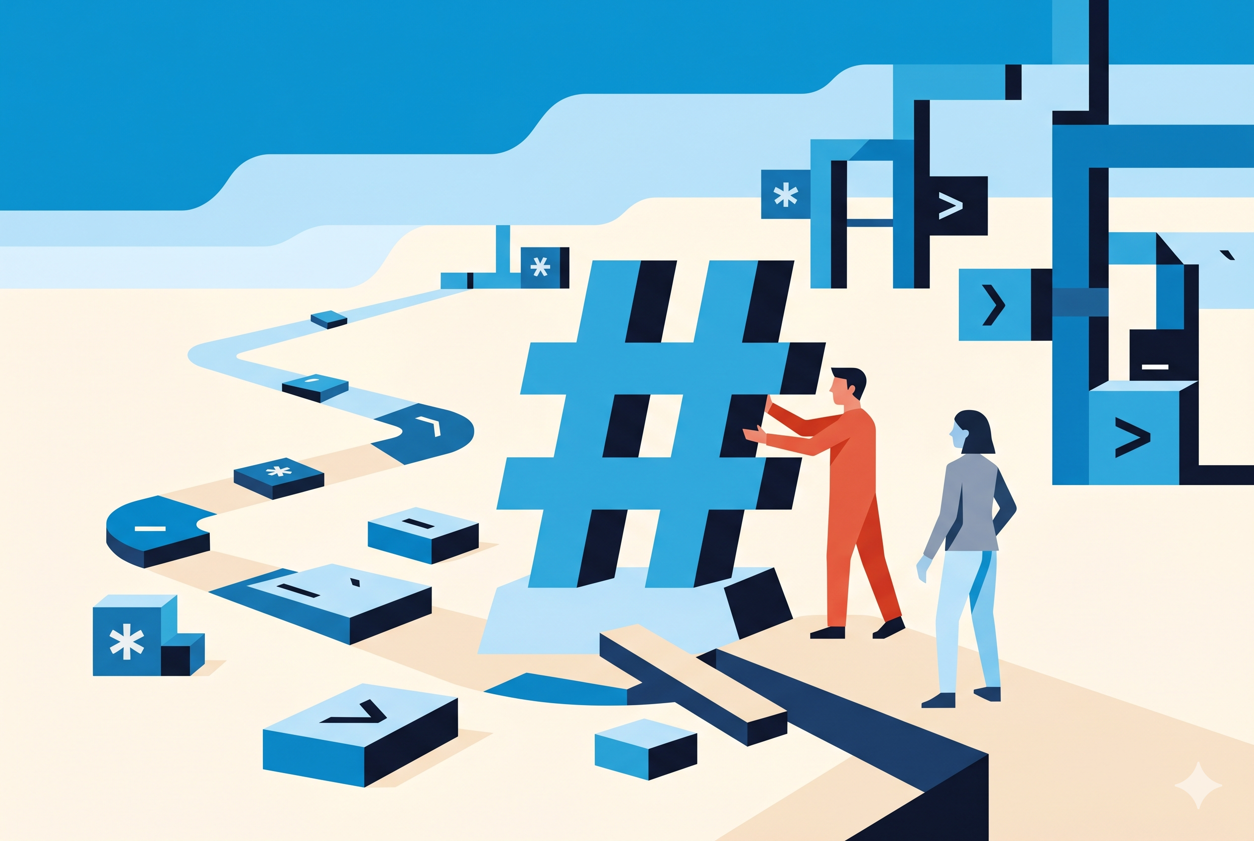 Illustration: a large hash symbol as a founding monument, figures around it