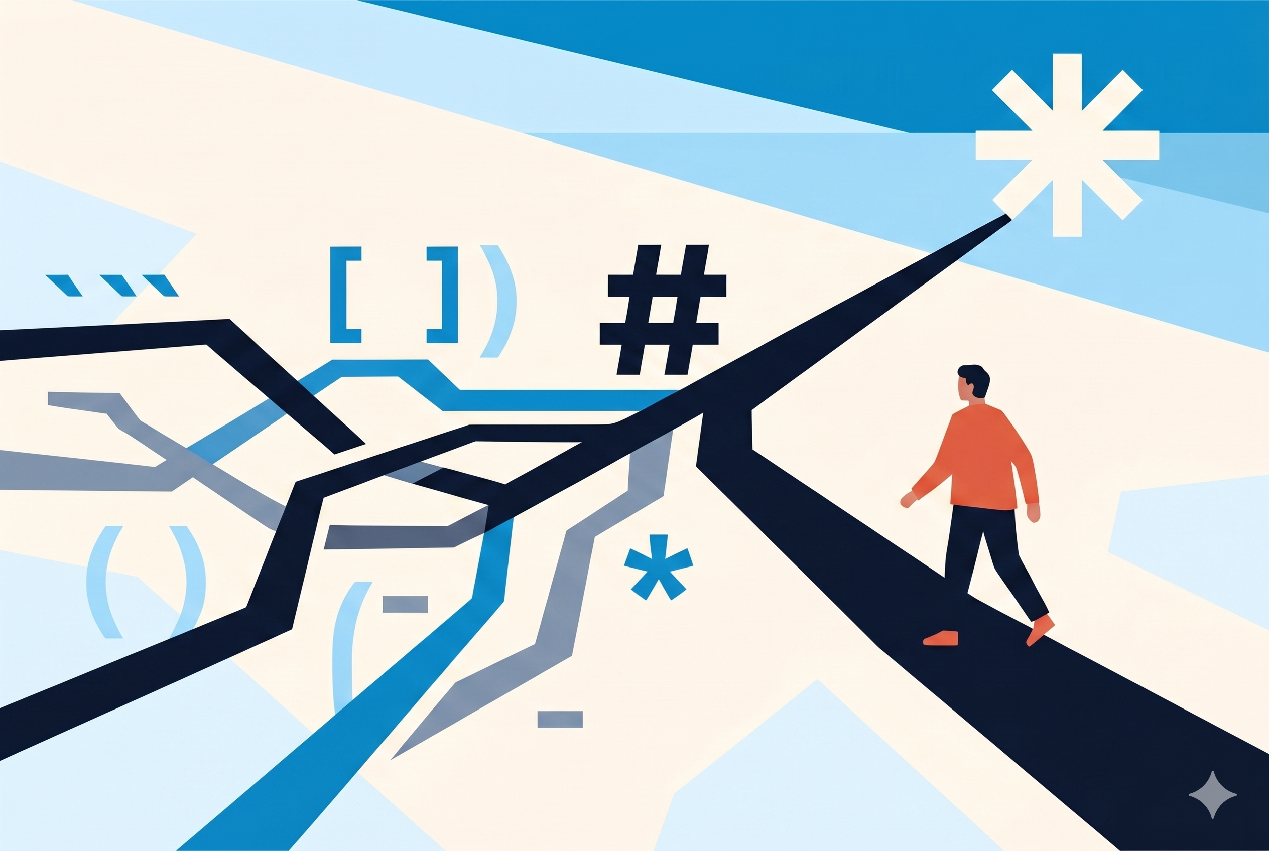 Illustration: several paths converging into one clear direction, markdown symbols as landmarks